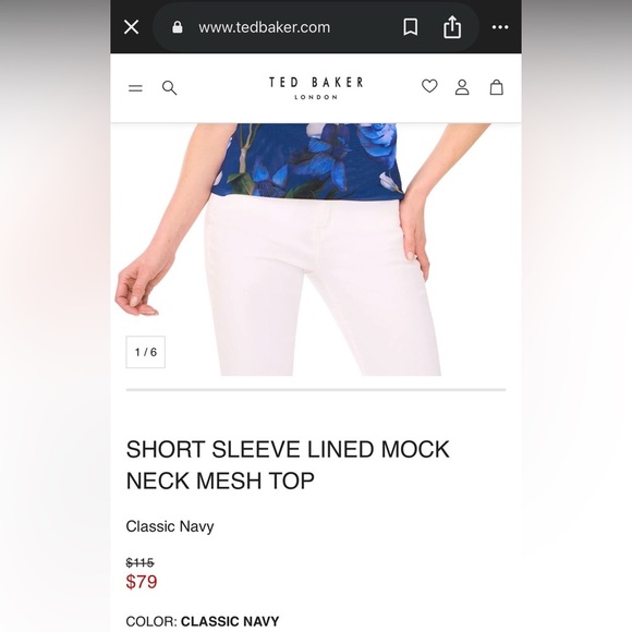 Ted Baker Classic Floral Navy Short Sleeve Size Large Lined Mock Neck Mesh Top - Picture 3 of 8